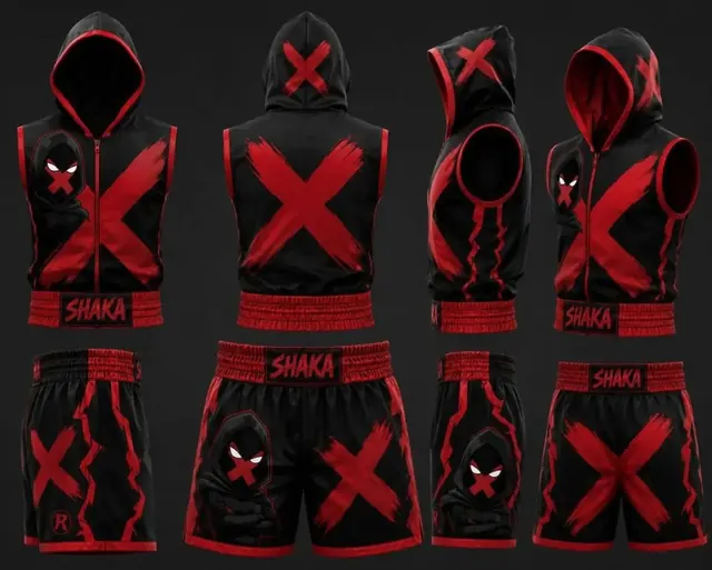 Fight kit design: hooded vest and trunks